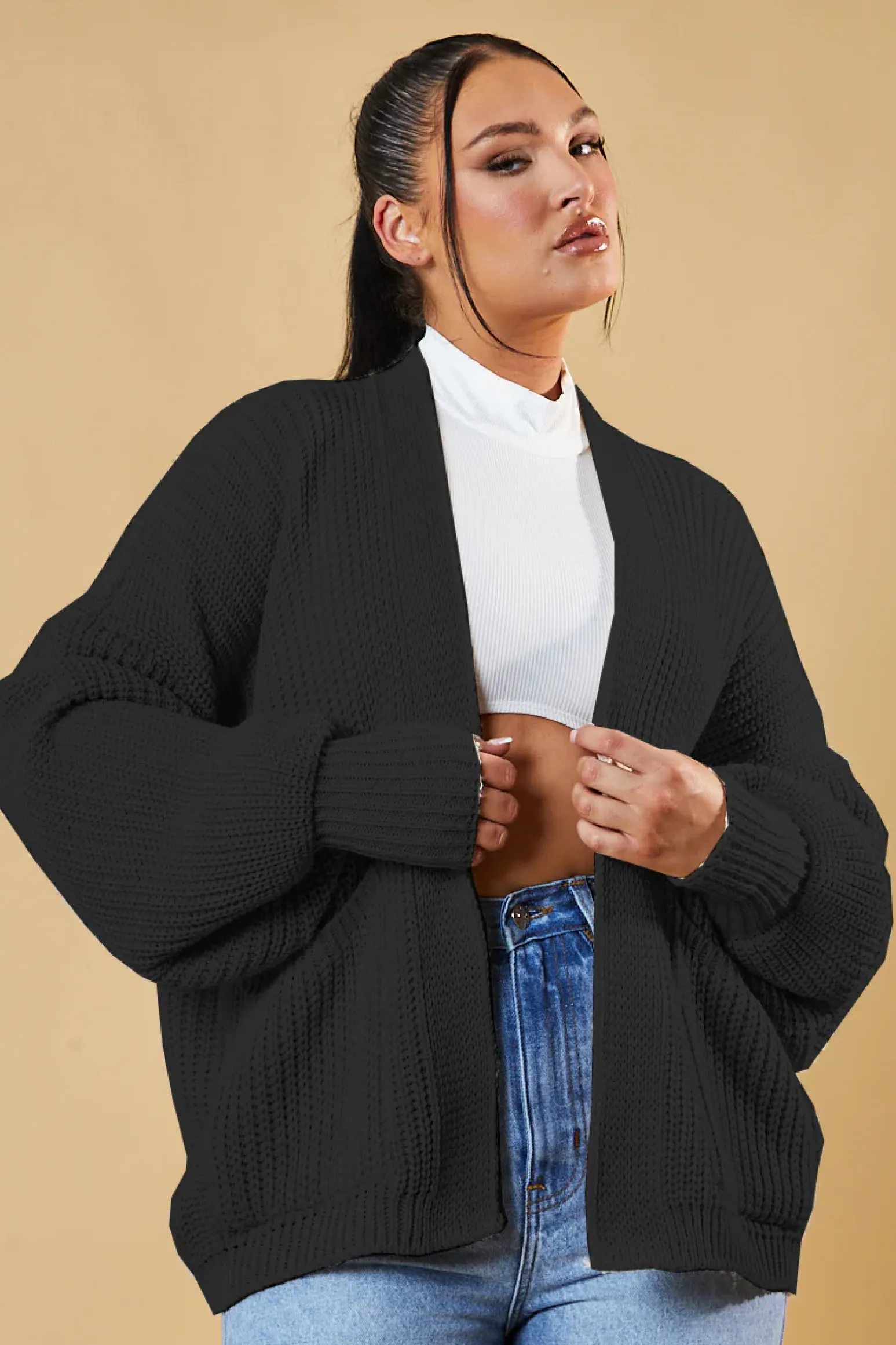 Rebellious Fashion Black Chunky Knit Slouchy Cardigan - Daisy