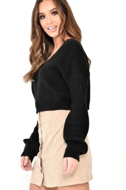 Rebellious Fashion Black Chunky Knit V Back Crop Jumper - Priscilla