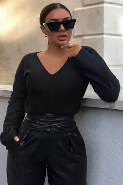 Rebellious Fashion Black Chunky Rib V-Neck Jumper - Evalise