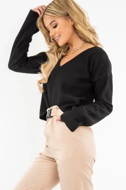 Rebellious Fashion Black Chunky Rib V-Neck Jumper - Evalise