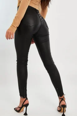 Rebellious Fashion Black Coated Back Zip Skinny Jeans - Kelly