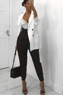 Rebellious Fashion Black Coated Belted Tapered Trousers - Reyna