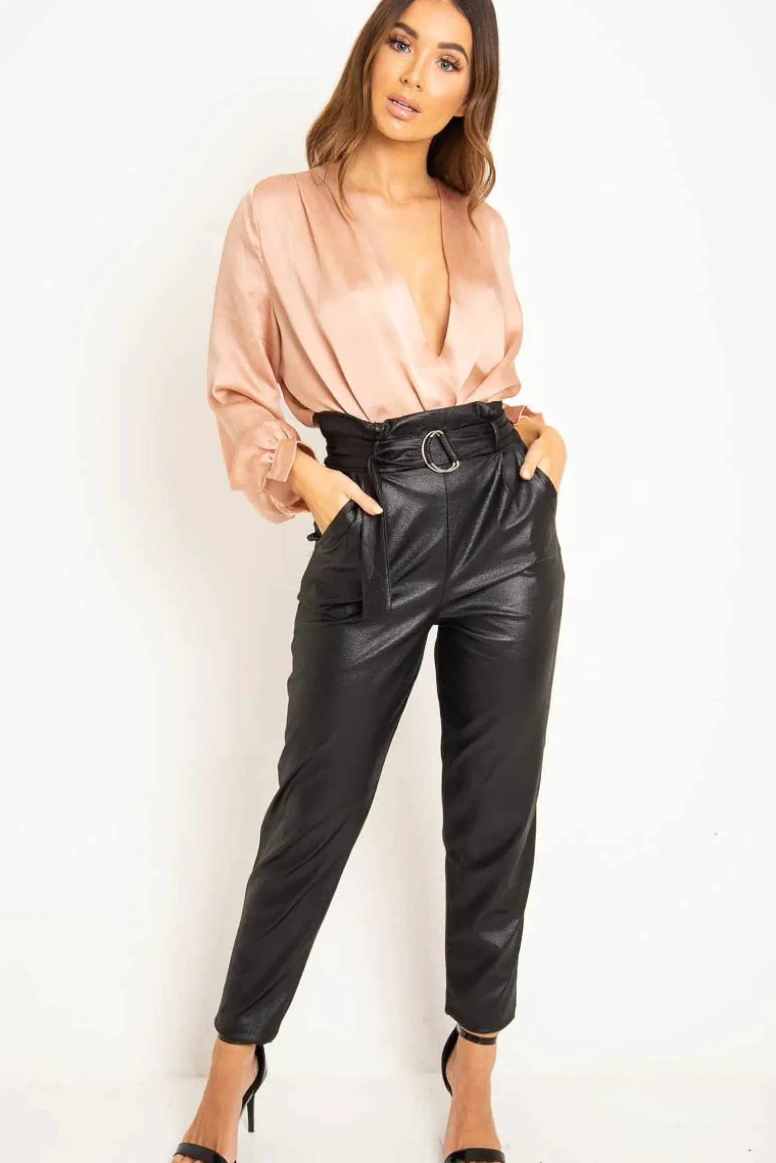 Rebellious Fashion Black Coated Belted Tapered Trousers - Reyna