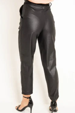 Rebellious Fashion Black Coated Belted Tapered Trousers - Reyna