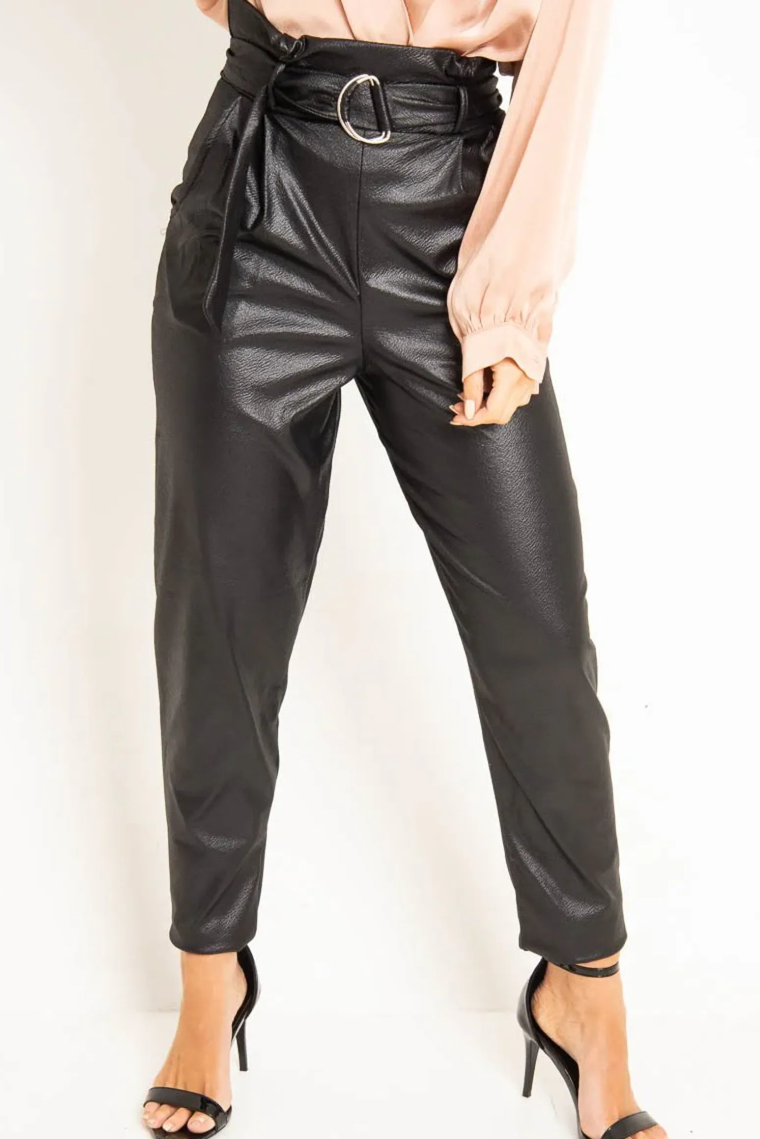 Rebellious Fashion Black Coated Belted Tapered Trousers - Reyna