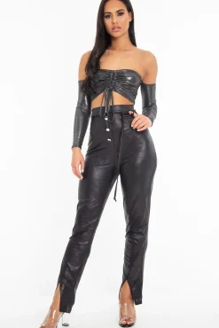 Rebellious Fashion Black Coated Button Front Belted Skinny Trousers - Jade