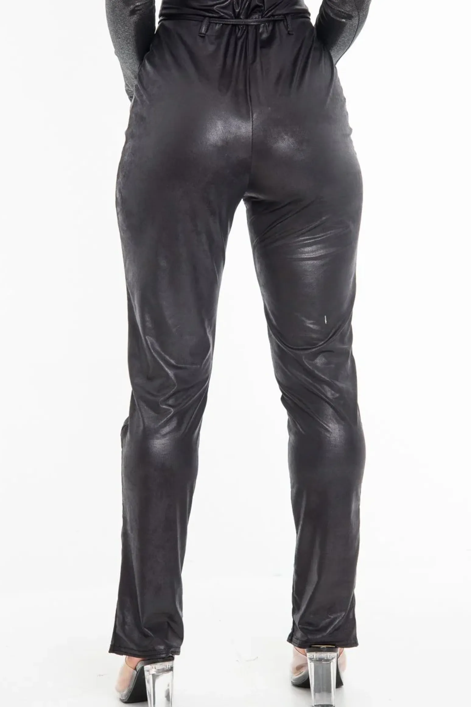 Rebellious Fashion Black Coated Button Front Belted Skinny Trousers - Jade
