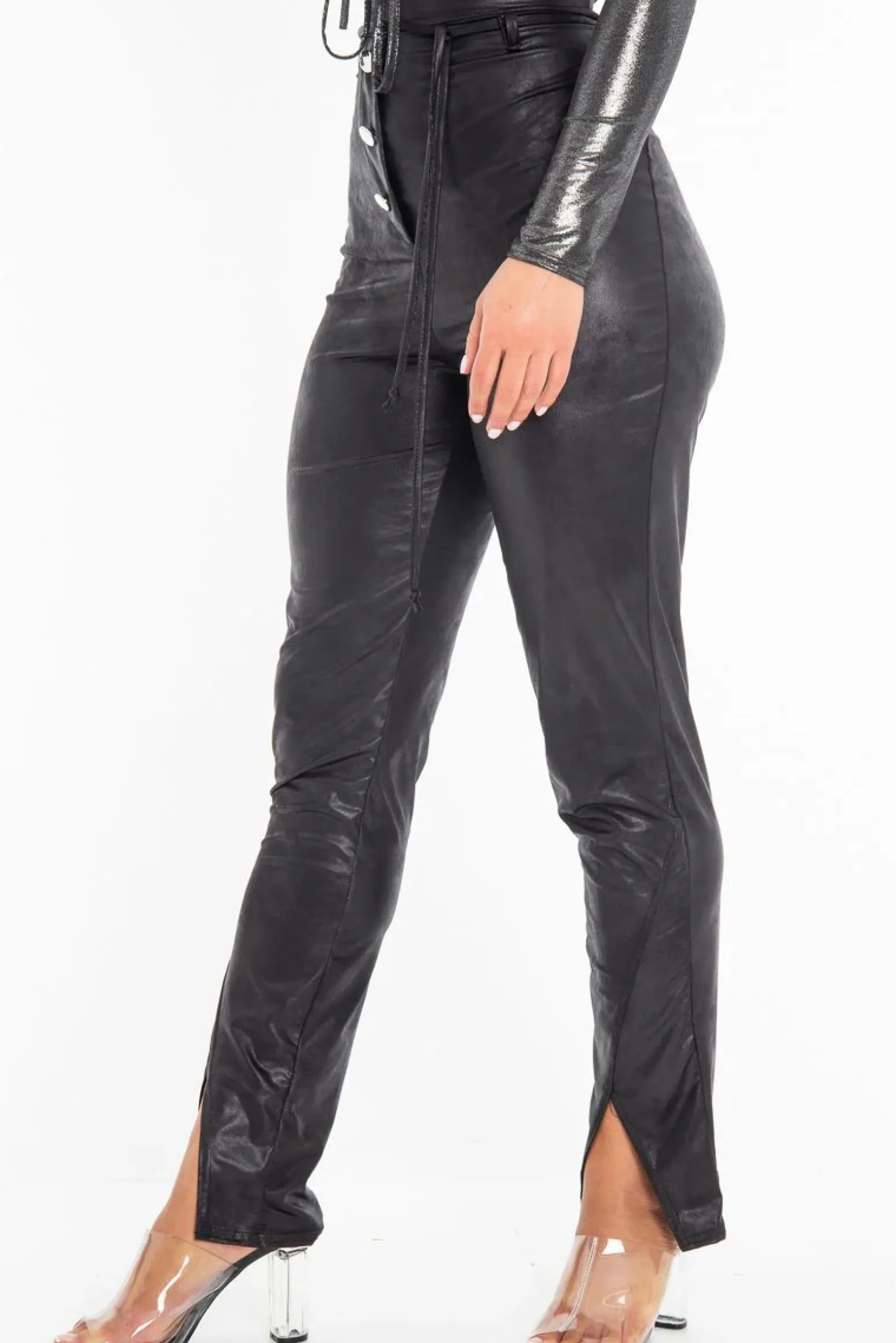 Rebellious Fashion Black Coated Button Front Belted Skinny Trousers - Jade