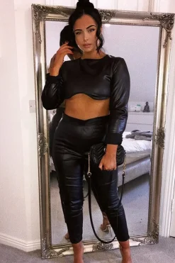 Rebellious Fashion Black Coated Long Sleeve Moulded Crop Top - Indie