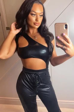 Rebellious Fashion Black Coated One Shoulder Cut Out Bodysuit - Adriana