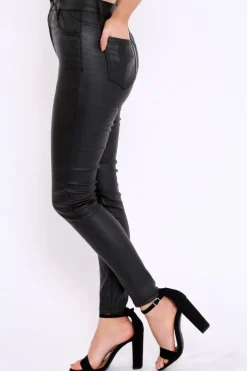 Rebellious Fashion Black Coated PU Jeans - Abrar