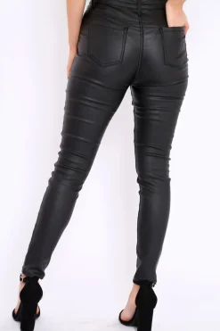 Rebellious Fashion Black Coated PU Jeans - Abrar