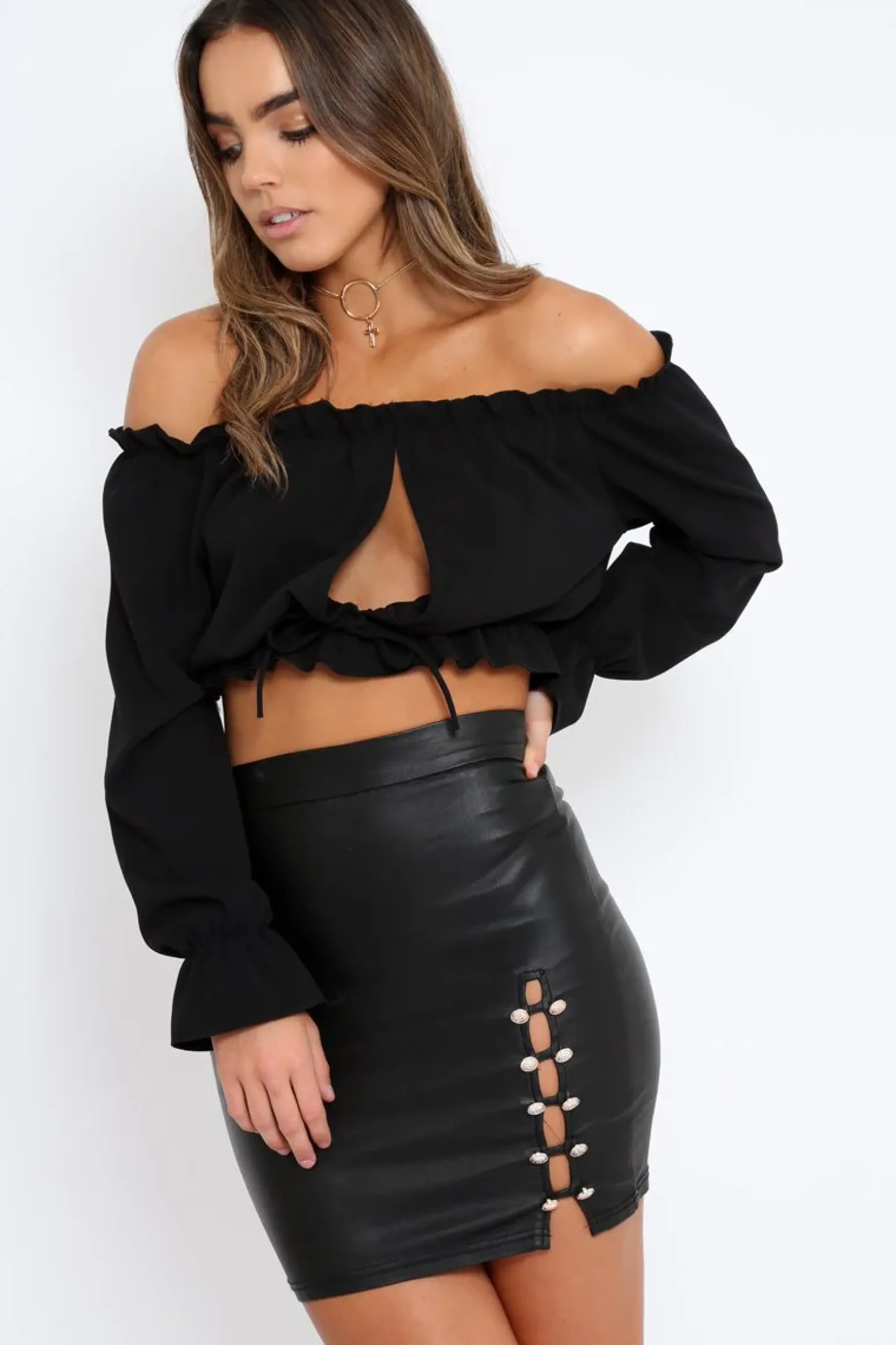 Rebellious Fashion Black Coated Side Cut Out and Button Detail Mini Skirt - Charlea