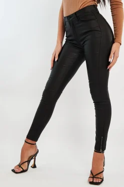 Rebellious Fashion Black Coated Side Zip Skinny Jeans - Maeve