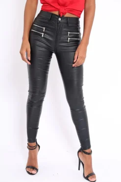 Rebellious Fashion Black Coated Skinny Jeans with Zip Detail - Karlyn