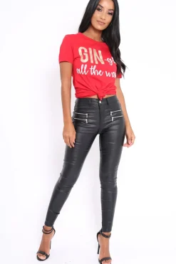 Rebellious Fashion Black Coated Skinny Jeans with Zip Detail - Karlyn