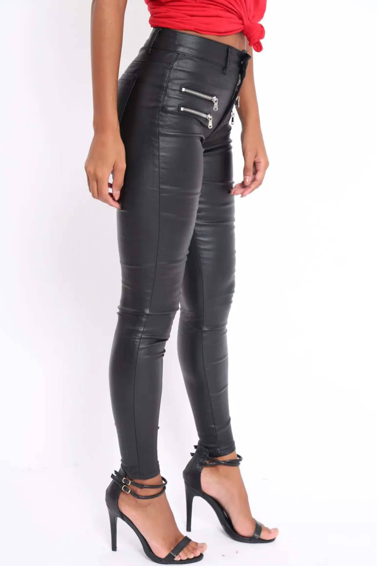Rebellious Fashion Black Coated Skinny Jeans with Zip Detail - Karlyn