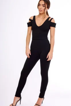 Rebellious Fashion Black Cold Shoulder Cut Out Jumpsuit - Pria