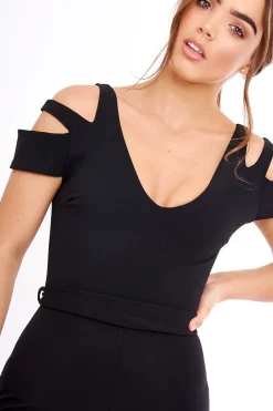 Rebellious Fashion Black Cold Shoulder Cut Out Jumpsuit - Pria