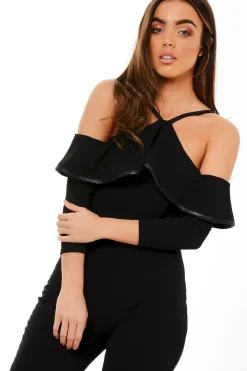 Rebellious Fashion Black Cold Shoulder Frill Detail Jumpsuit - Donna