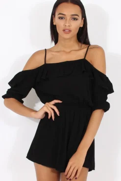 Rebellious Fashion Black Cold Shoulder Frill Layer Playsuit - Diana