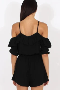 Rebellious Fashion Black Cold Shoulder Frill Layer Playsuit - Diana