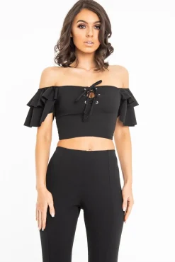 Rebellious Fashion Black Cold Shoulder Lace Up Bardot Crop Top - Kenndra