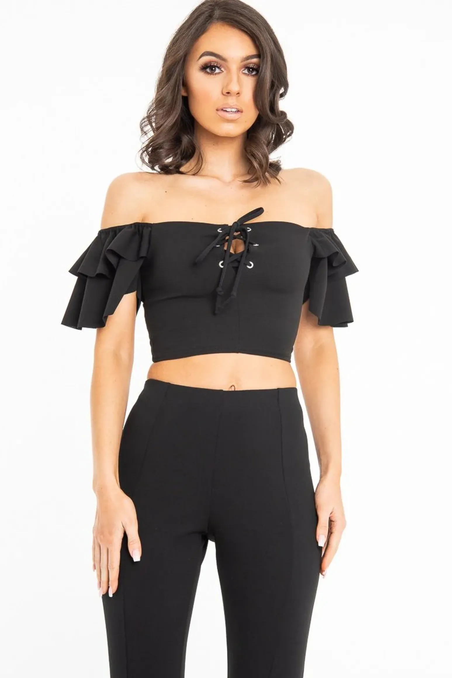 Rebellious Fashion Black Cold Shoulder Lace Up Bardot Crop Top - Kenndra