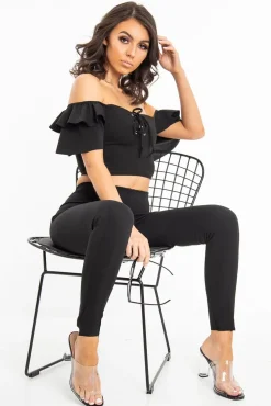 Rebellious Fashion Black Cold Shoulder Lace Up Bardot Crop Top - Kenndra
