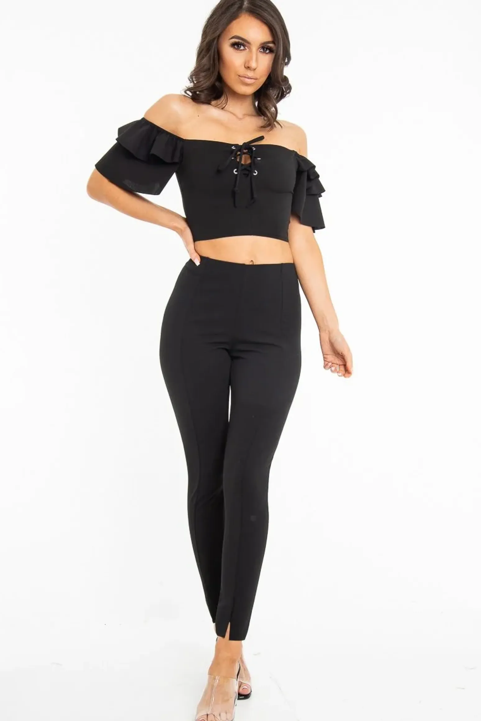 Rebellious Fashion Black Cold Shoulder Lace Up Bardot Crop Top - Kenndra