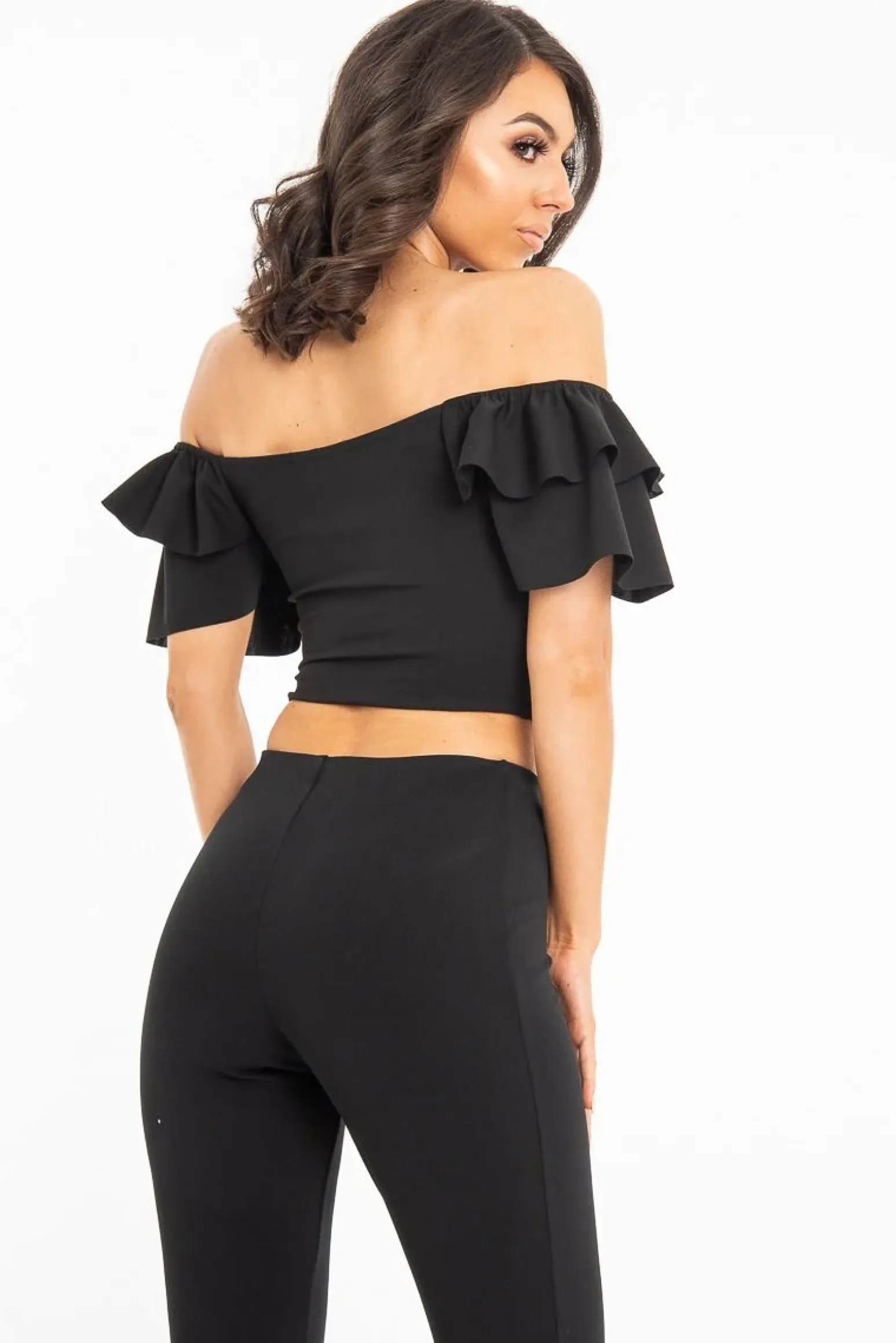 Rebellious Fashion Black Cold Shoulder Lace Up Bardot Crop Top - Kenndra
