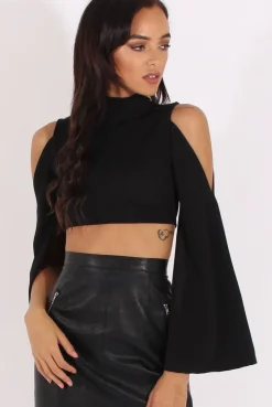 Rebellious Fashion Black Cold Shoulder Split Sleeve Crop Top - Opal