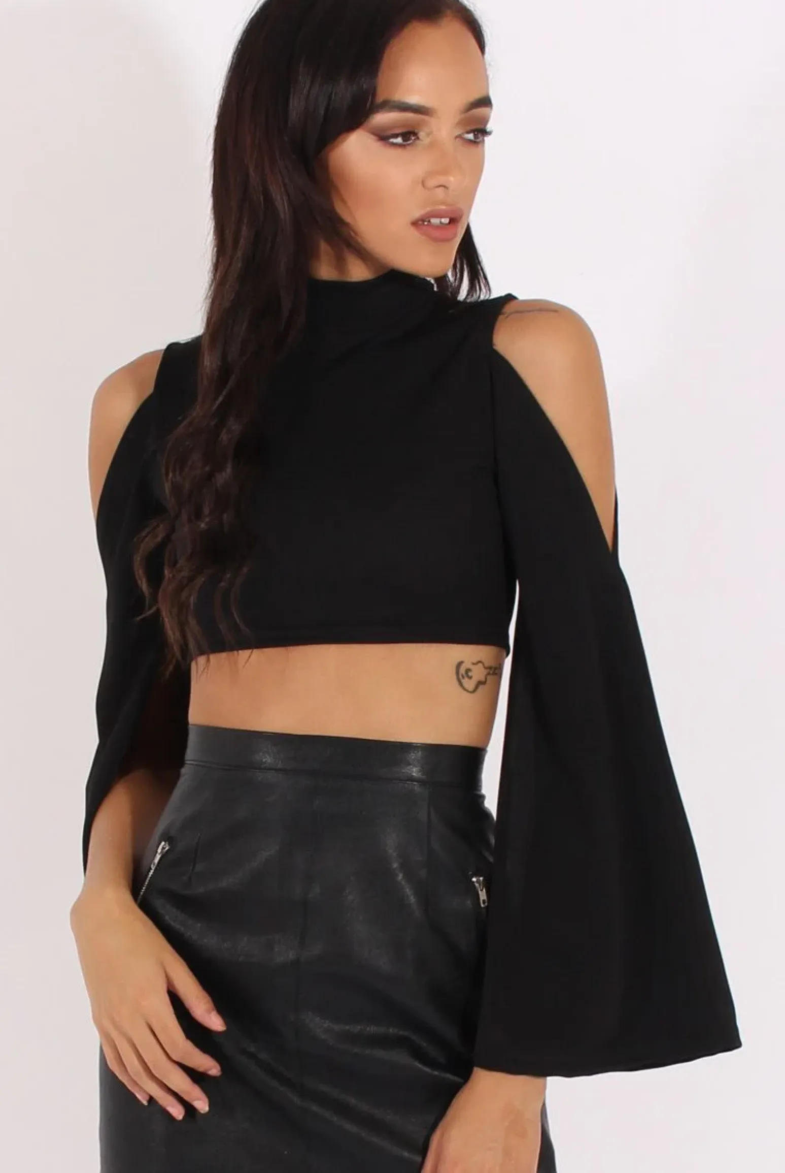 Rebellious Fashion Black Cold Shoulder Split Sleeve Crop Top - Opal