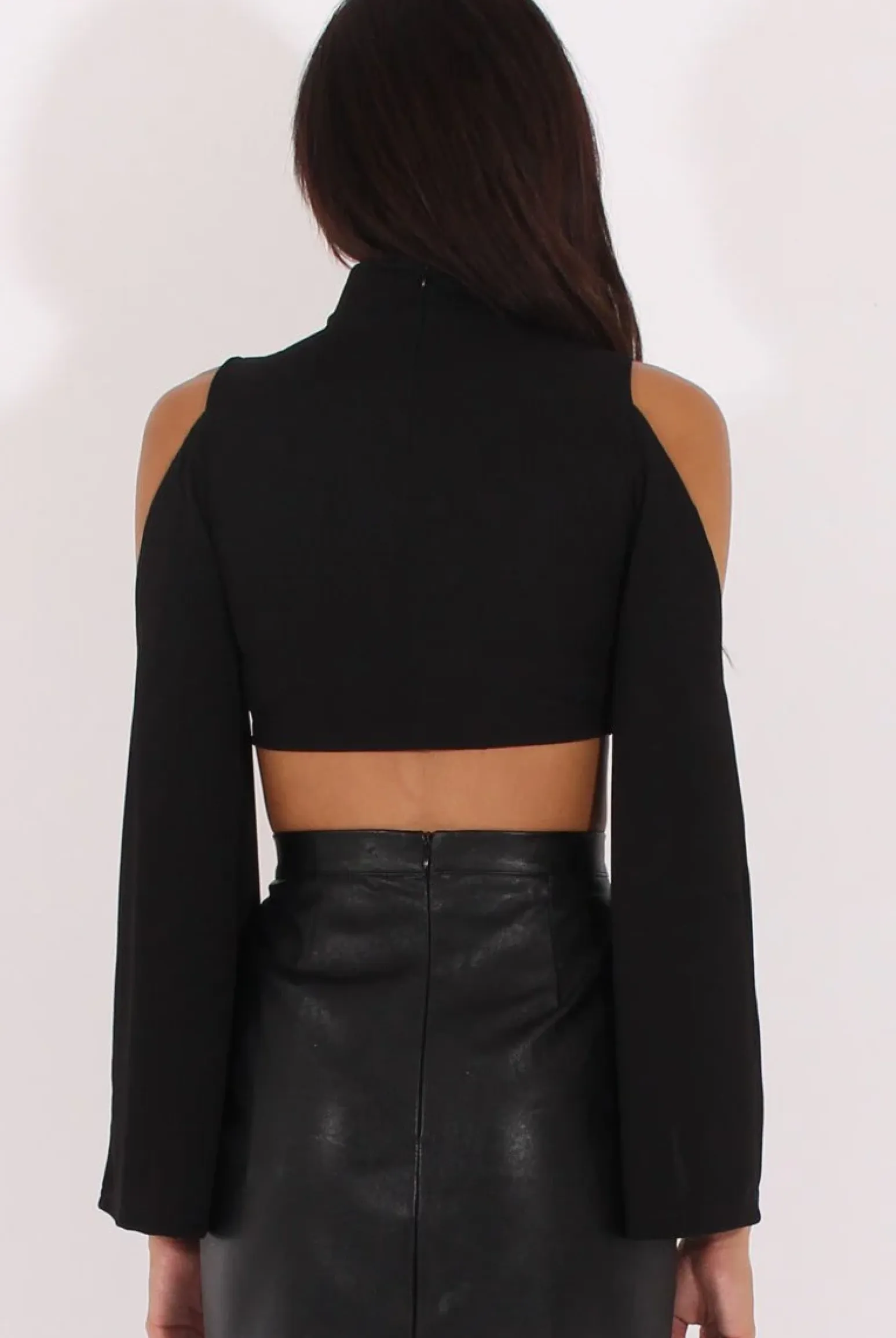 Rebellious Fashion Black Cold Shoulder Split Sleeve Crop Top - Opal