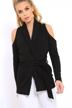 Rebellious Fashion Black Cold Shoulder Tie Waist Blazer - Agnes