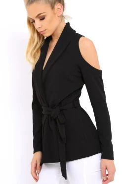 Rebellious Fashion Black Cold Shoulder Tie Waist Blazer - Agnes