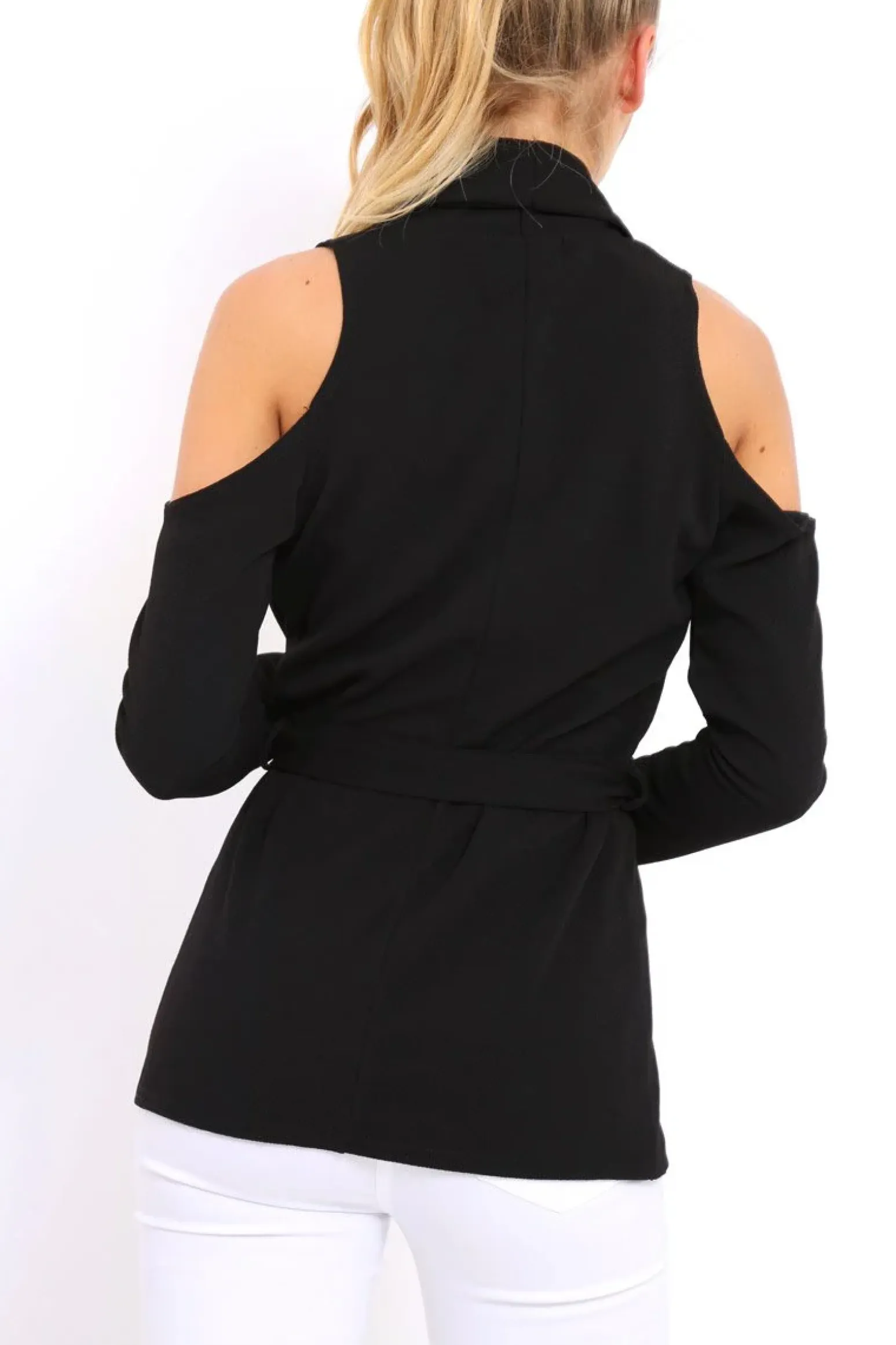 Rebellious Fashion Black Cold Shoulder Tie Waist Blazer - Agnes