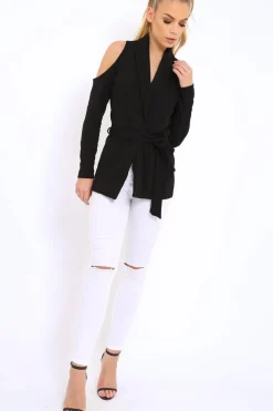 Rebellious Fashion Black Cold Shoulder Tie Waist Blazer - Agnes