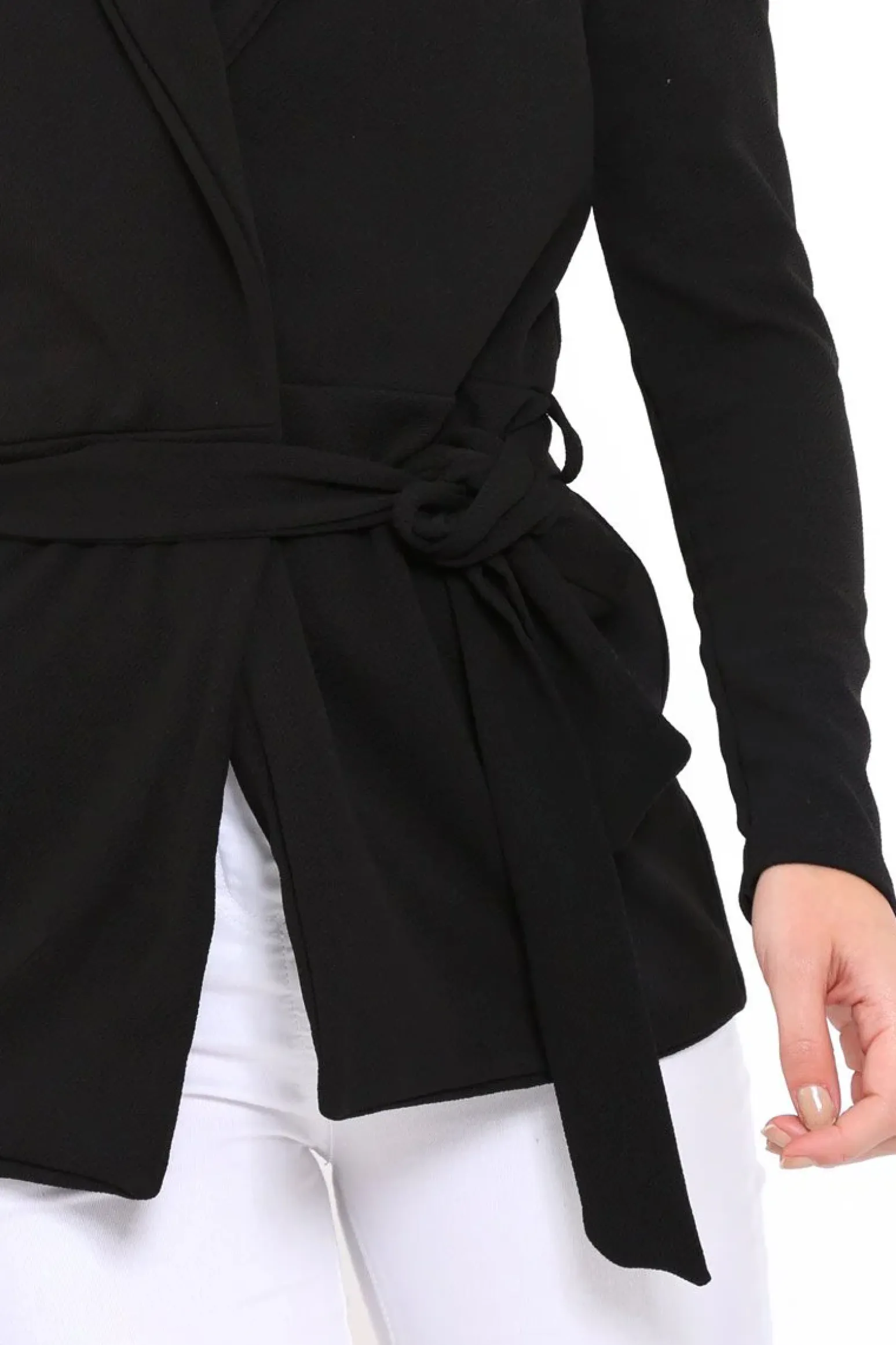Rebellious Fashion Black Cold Shoulder Tie Waist Blazer - Agnes