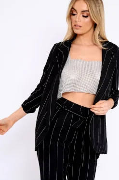 Rebellious Fashion Black Collar Cuffed Sleeves Striped Blazer - Elyza