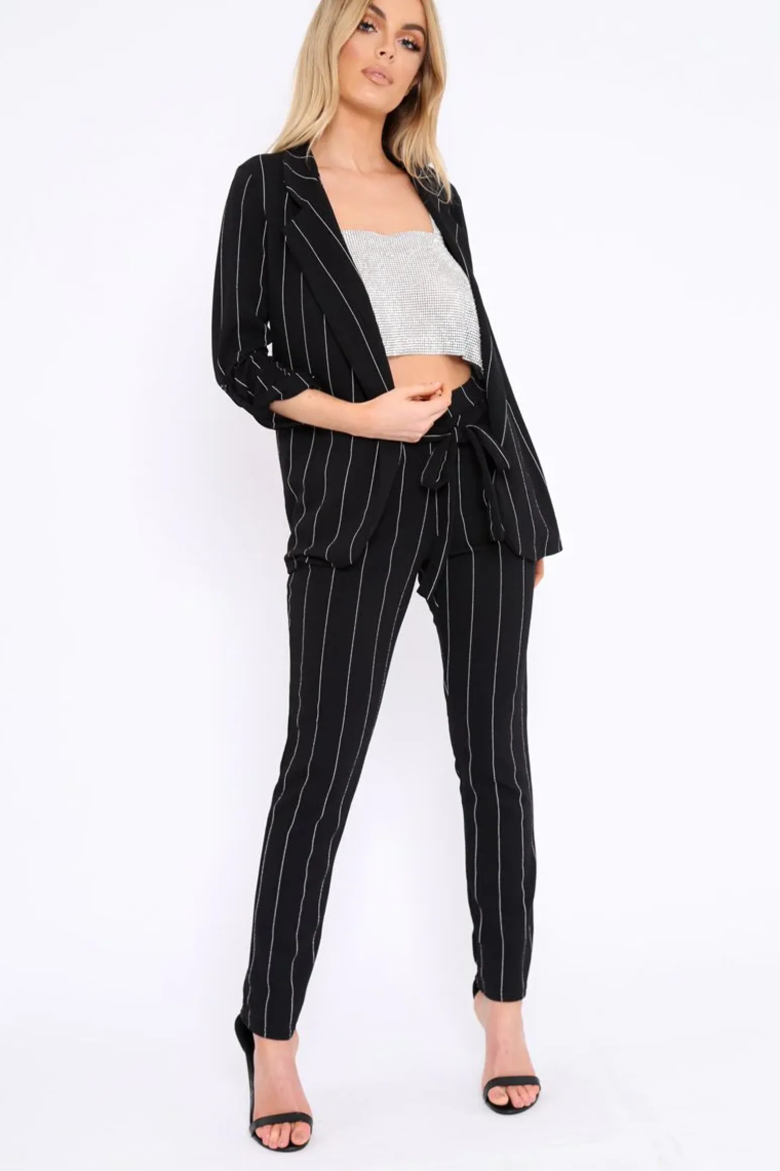 Rebellious Fashion Black Collar Cuffed Sleeves Striped Blazer - Elyza