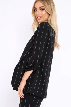 Rebellious Fashion Black Collar Cuffed Sleeves Striped Blazer - Elyza