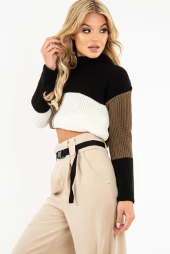 Rebellious Fashion Black Colour Block Chunky Knit Jumper - Maebel