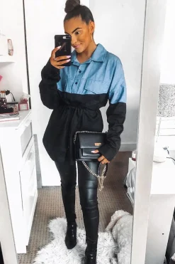 Rebellious Fashion Black Colour Block Denim Shirt - Jaiya