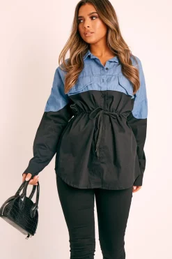 Rebellious Fashion Black Colour Block Denim Shirt - Jaiya