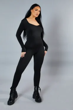 Rebellious Fashion Black Contour Long Sleeve Jumpsuit - Luana