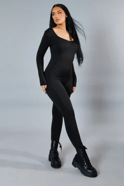 Rebellious Fashion Black Contour Long Sleeve Jumpsuit - Luana