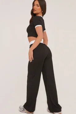 Rebellious Fashion Black Contrast Binding Cropped Top & Wide Leg Trousers Co-ord Set - Kloni