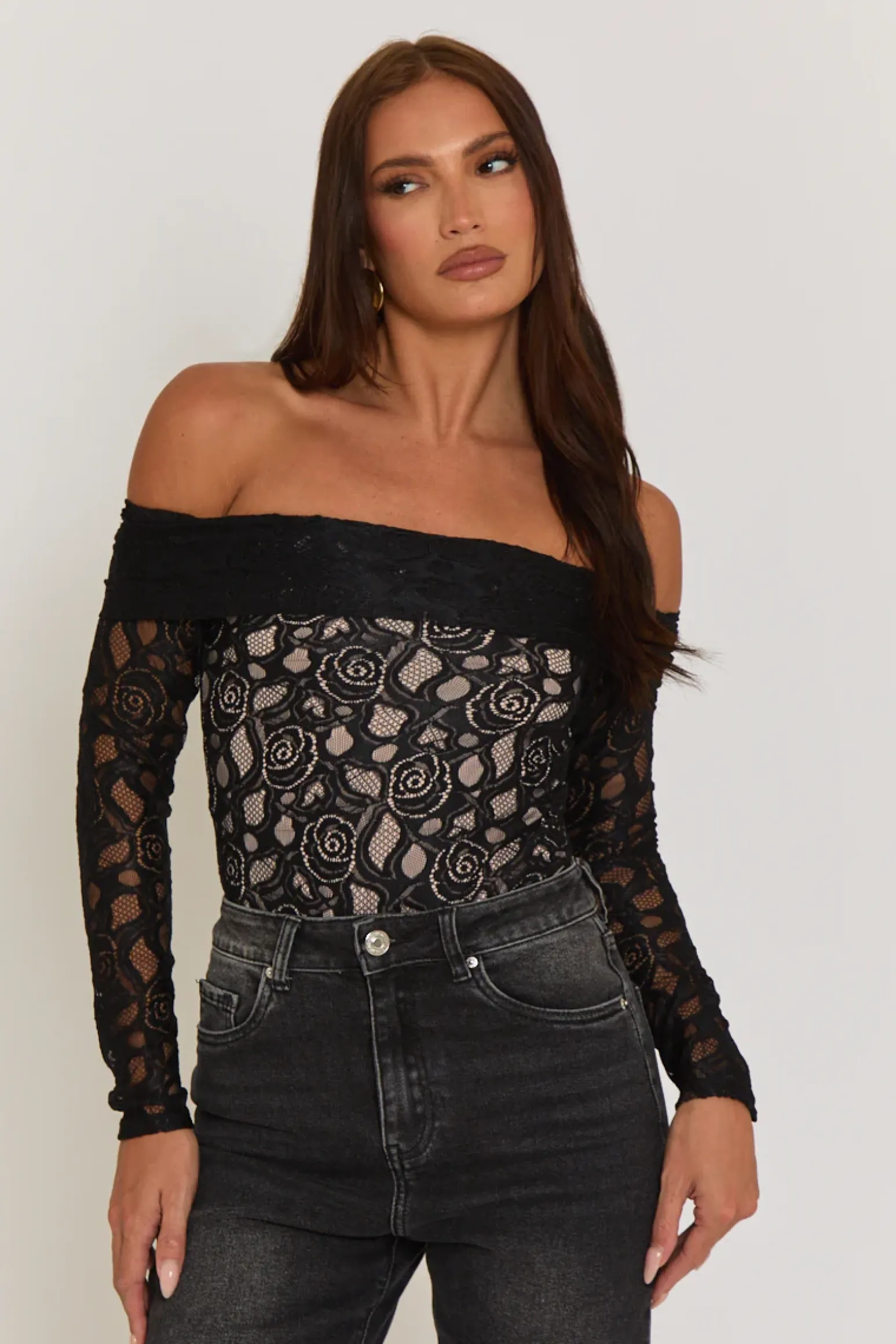 Rebellious Fashion Black Contrast Lace Bandeau Bodysuit - Betania