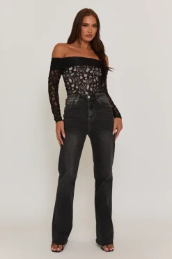 Rebellious Fashion Black Contrast Lace Bandeau Bodysuit - Betania